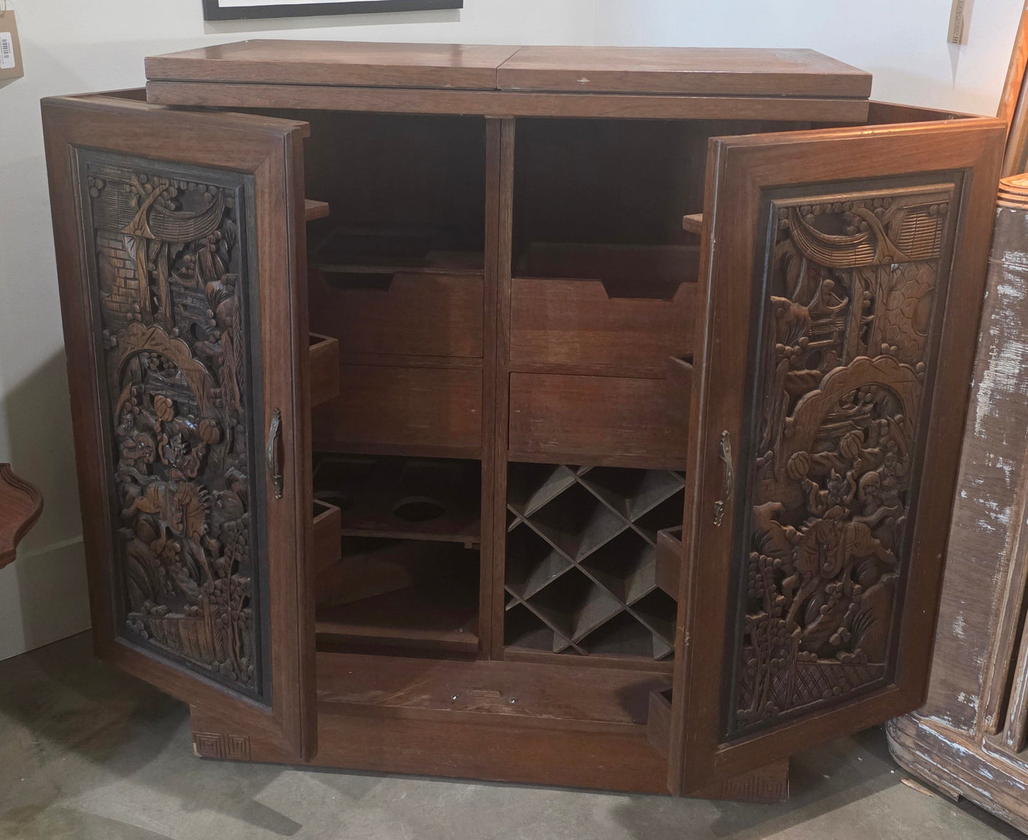 Hand-Carved Asian Flip-Top Dry Bar