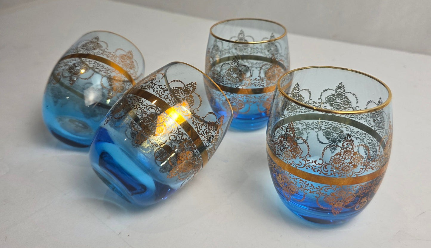 Vtg. Murano 14K Gold/Blue Wine Glass Set (4)