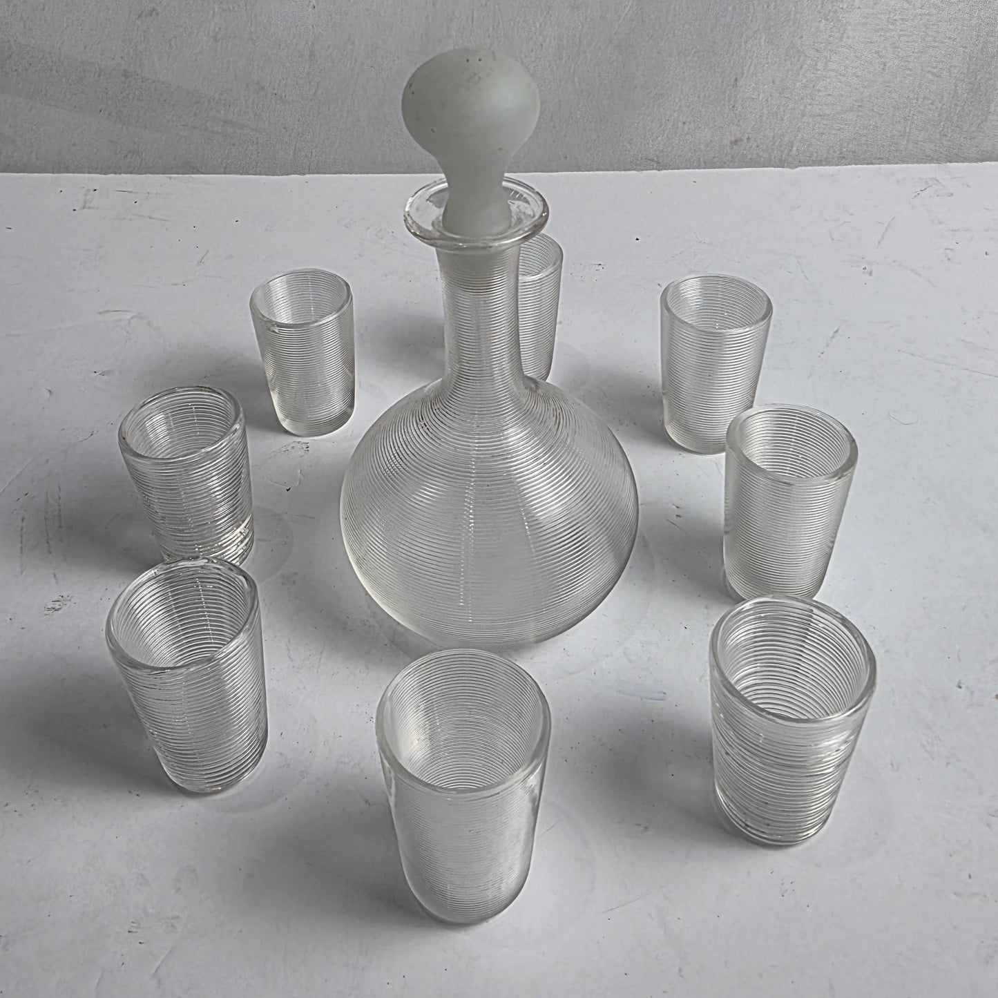 Vtg. Clear Ribbed Glass Decantur/Shot Glass Set (10)