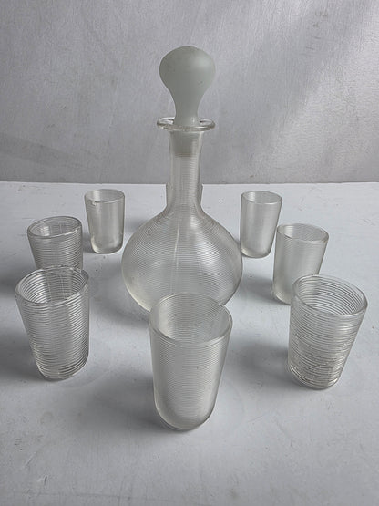 Vtg. Clear Ribbed Glass Decantur/Shot Glass Set (10)