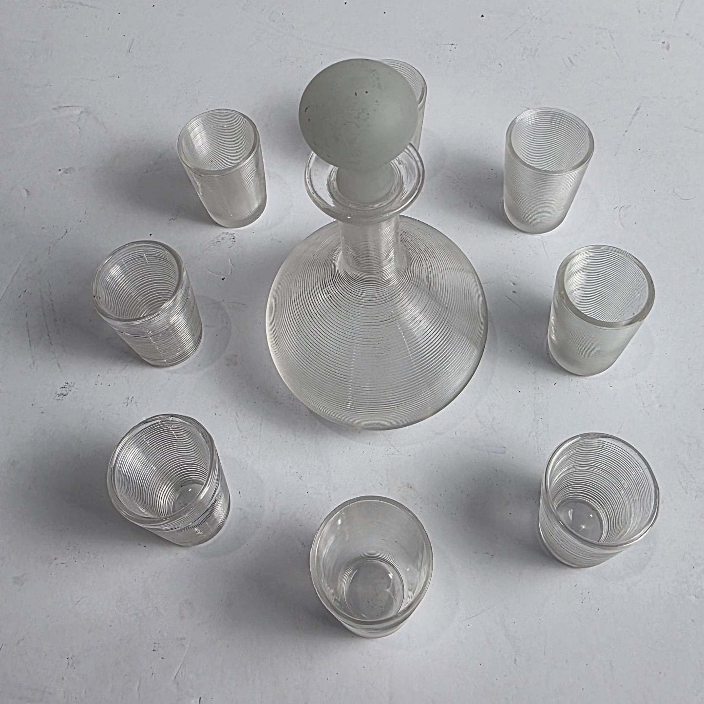 Vtg. Clear Ribbed Glass Decantur/Shot Glass Set (10)