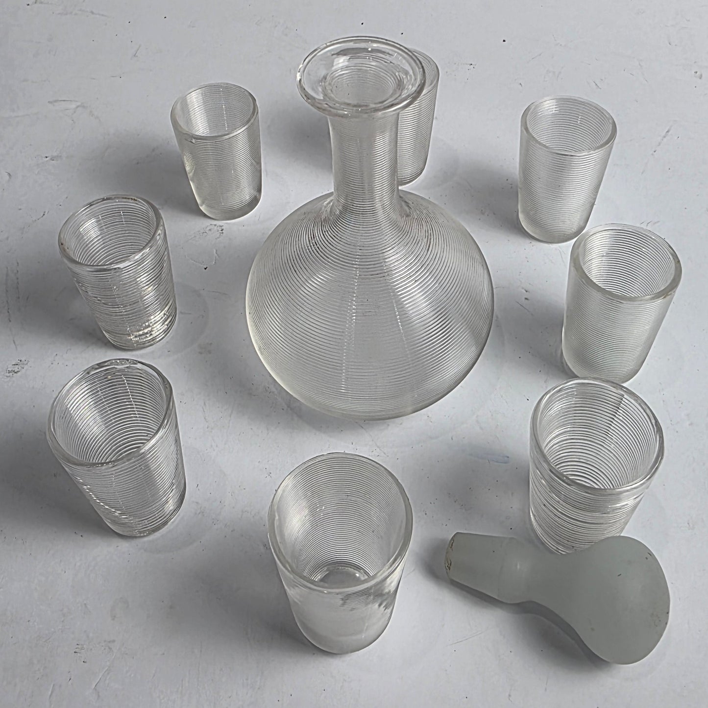 Vtg. Clear Ribbed Glass Decantur/Shot Glass Set (10)