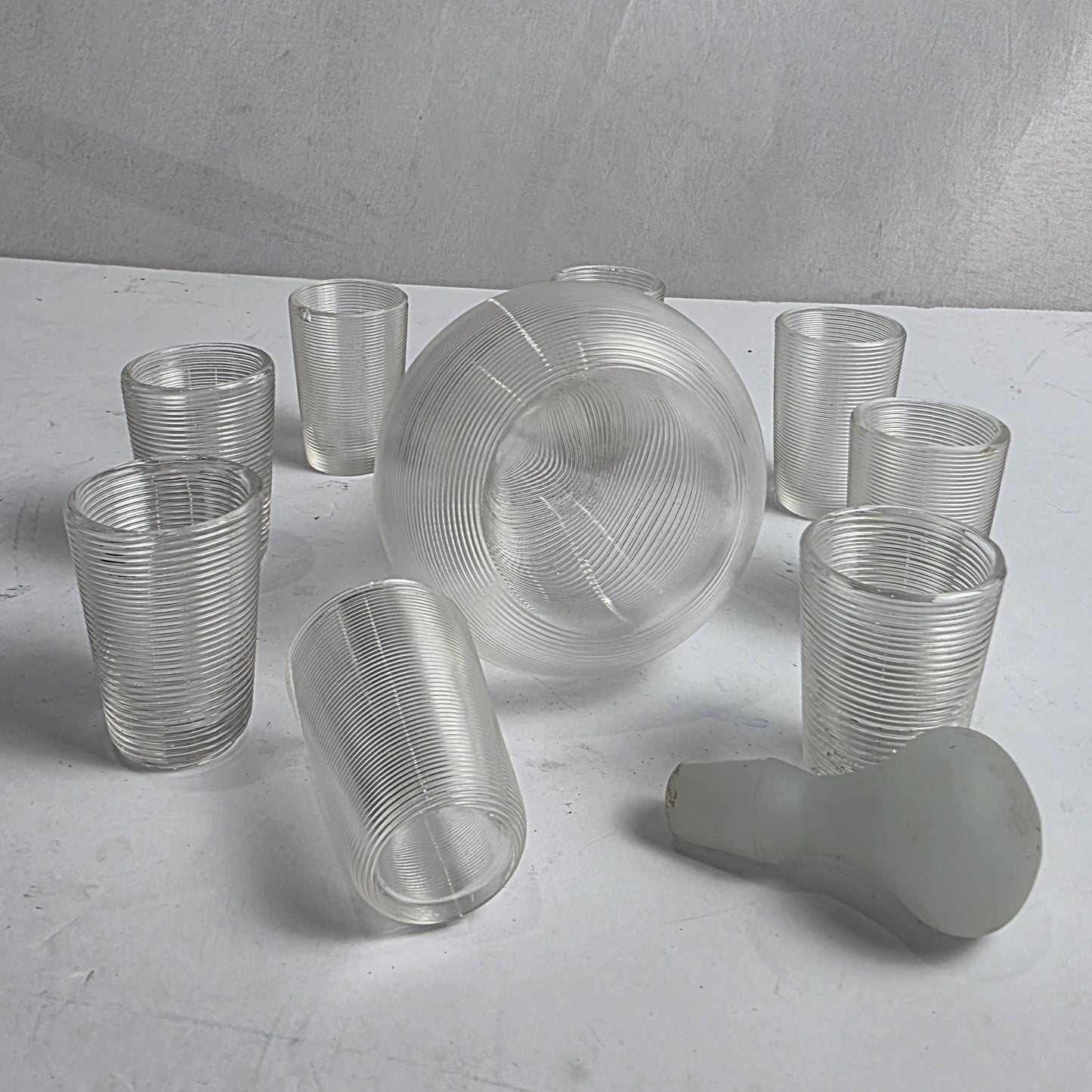 Vtg. Clear Ribbed Glass Decantur/Shot Glass Set (10)