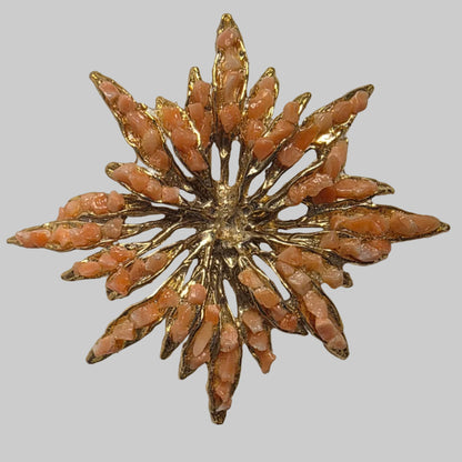 Vtg. Coral/Gold Starburst Brooch