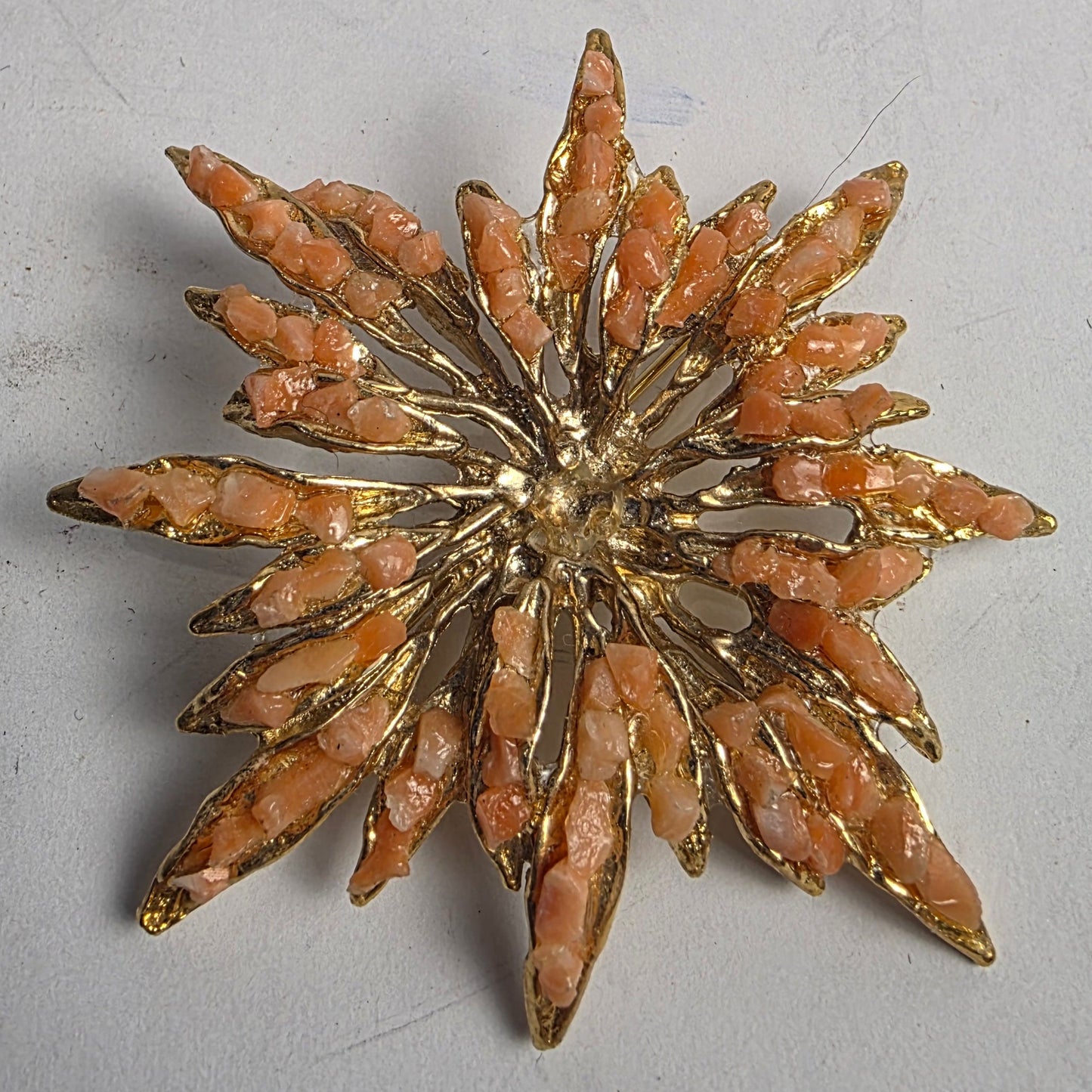 Vtg. Coral/Gold Starburst Brooch