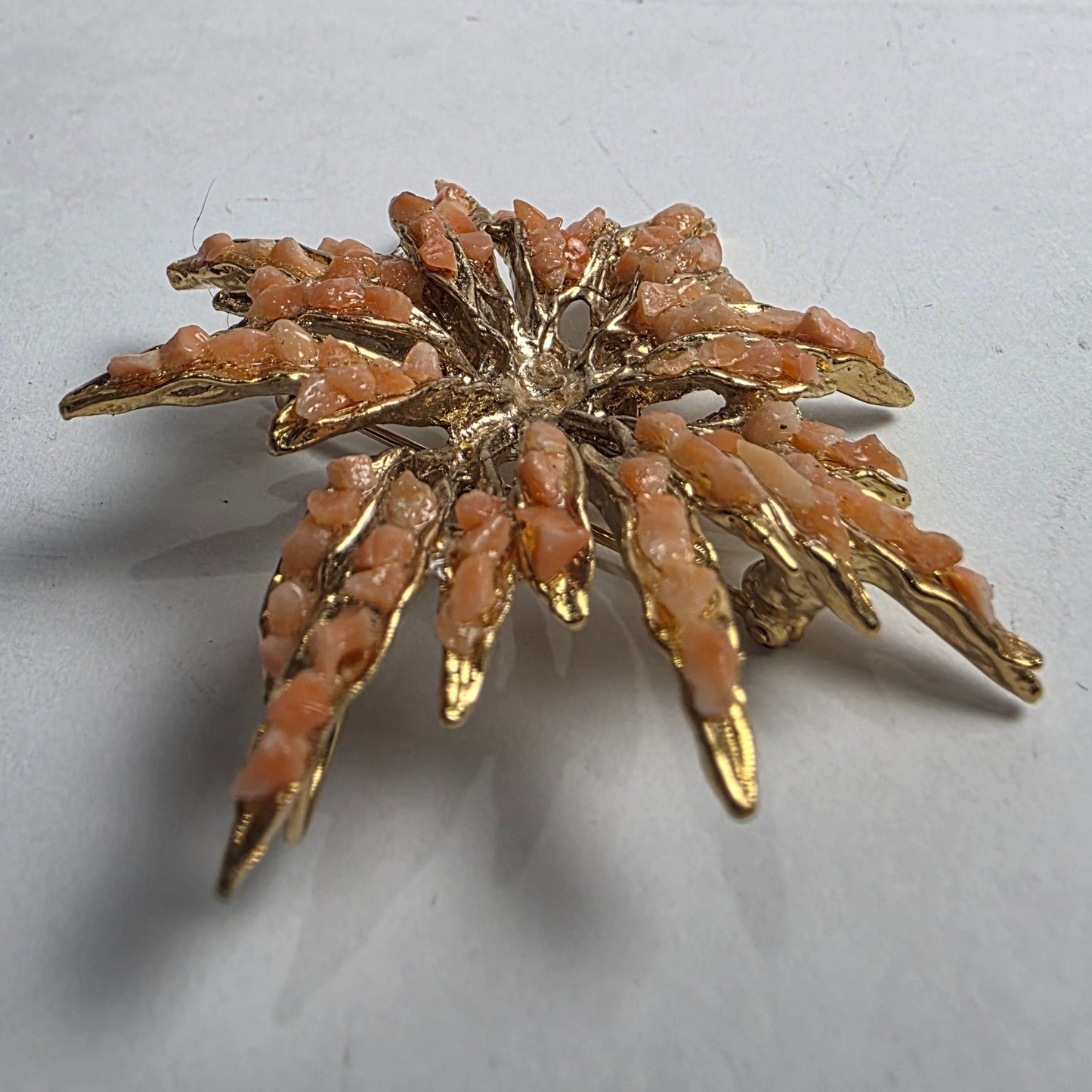 Vtg. Coral/Gold Starburst Brooch