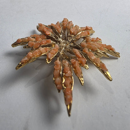 Vtg. Coral/Gold Starburst Brooch
