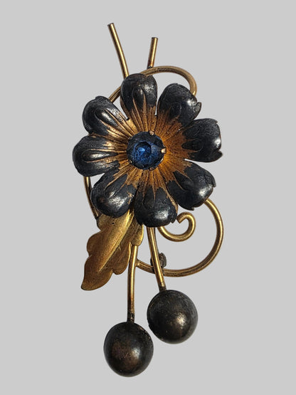 Vtg. VanDell Gold-Filled Blue Rhinestone Flower Brooch