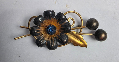 Vtg. VanDell Gold-Filled Blue Rhinestone Flower Brooch
