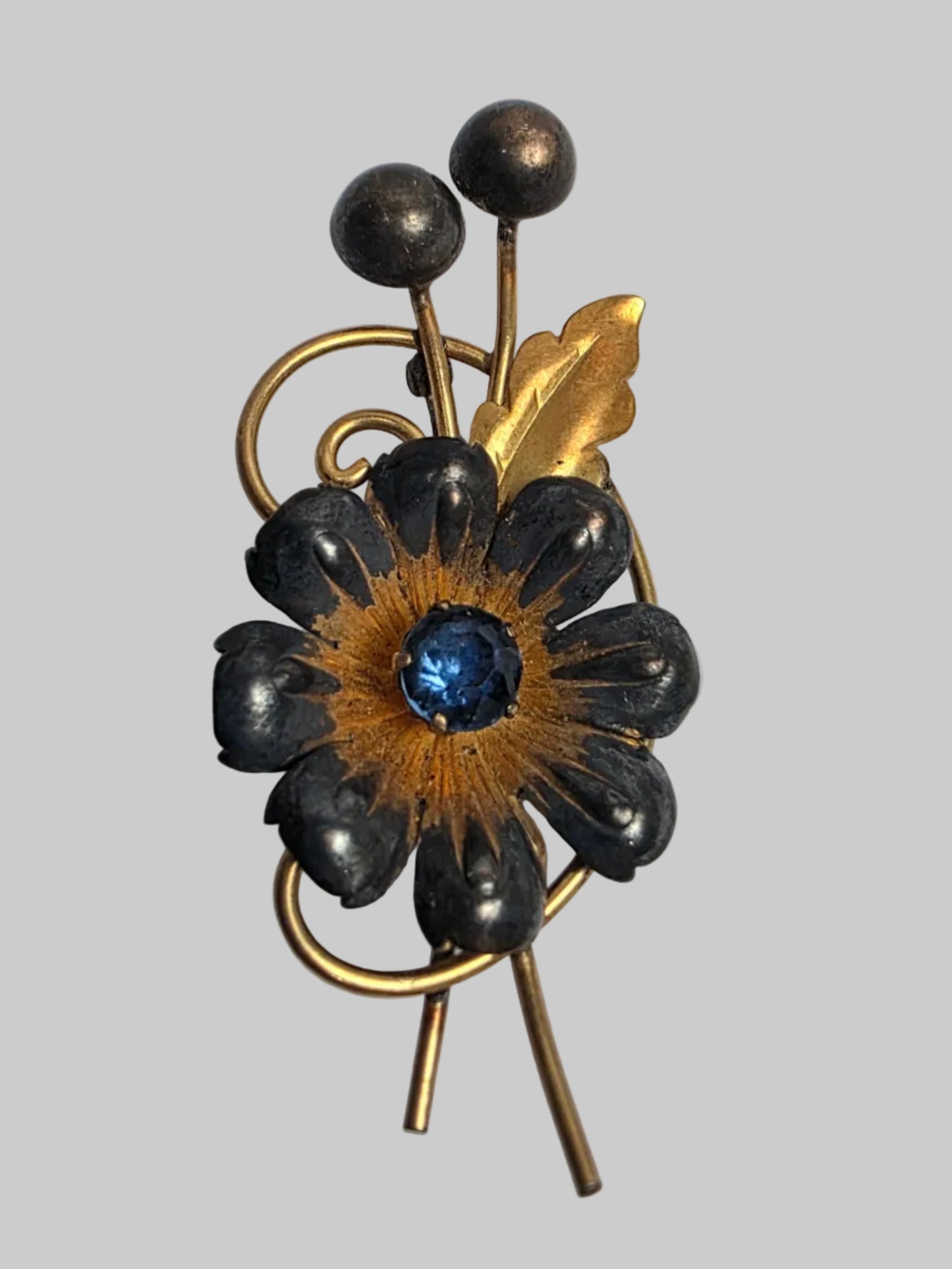 Vtg. VanDell Gold-Filled Blue Rhinestone Flower Brooch