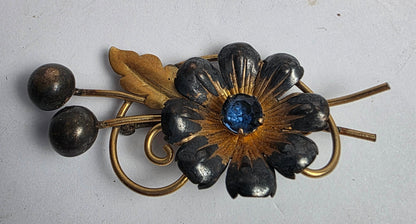 Vtg. VanDell Gold-Filled Blue Rhinestone Flower Brooch