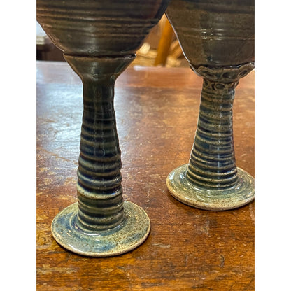 Handmade unsigned Pottery spiral stem goblet chalice cup pair