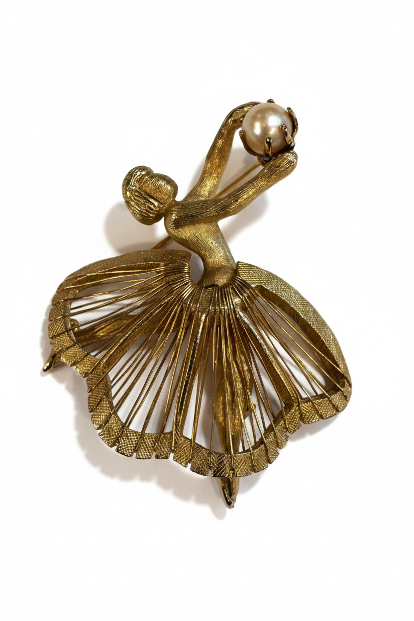 Vintage 1950s Signed Brooks Ballerina Brooch – "Anna Pavlova" Series – Hand-Assembled Wirework & Glass Pearl csbh