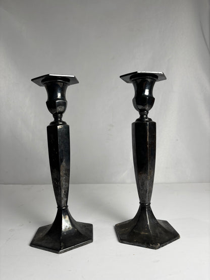 Vintage 1910-1920s Wilcox S. Co. Silver Quadruple Plated Candlestick Holders, Hexagonal Base, Model 8553 (Pair) CSHW