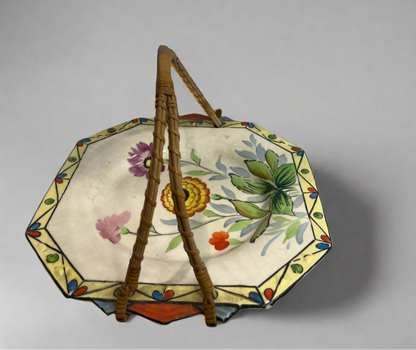 Vintage Hand Painted Floral Plate w/ Bamboo Handle