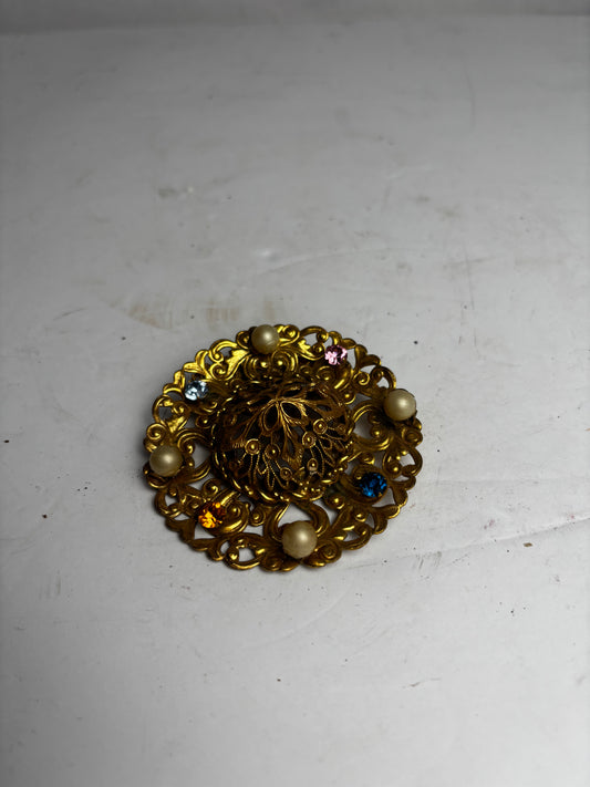 Vintage Gold Tone Filigree Dome Brooch Pin | Faux Pearl & Multi-Color Rhinestone Accent CSHW