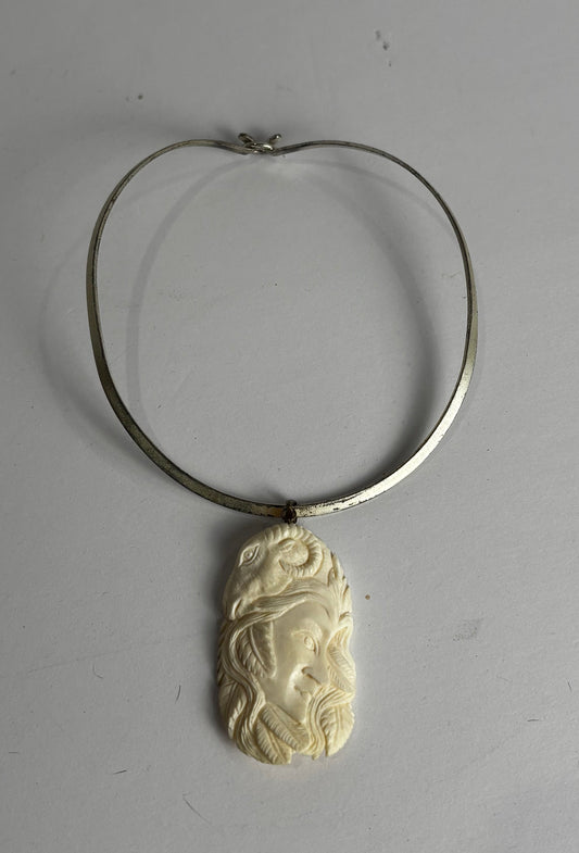 Hand-Carved Water Buffalo Bone Aries Pendant Necklace on Metal Collar Choker