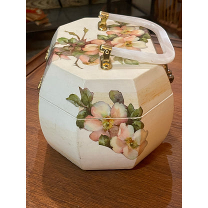 Vintage 1976 Signed Decoupage lucite handle pink velvet lined jewelry box purse