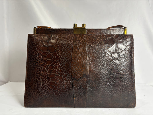Vintage ARTMEX Brown Sea Turtle Exotic Skin Handbag 1950s | Brass Clasp Frame Shoulder Bag   CSHW