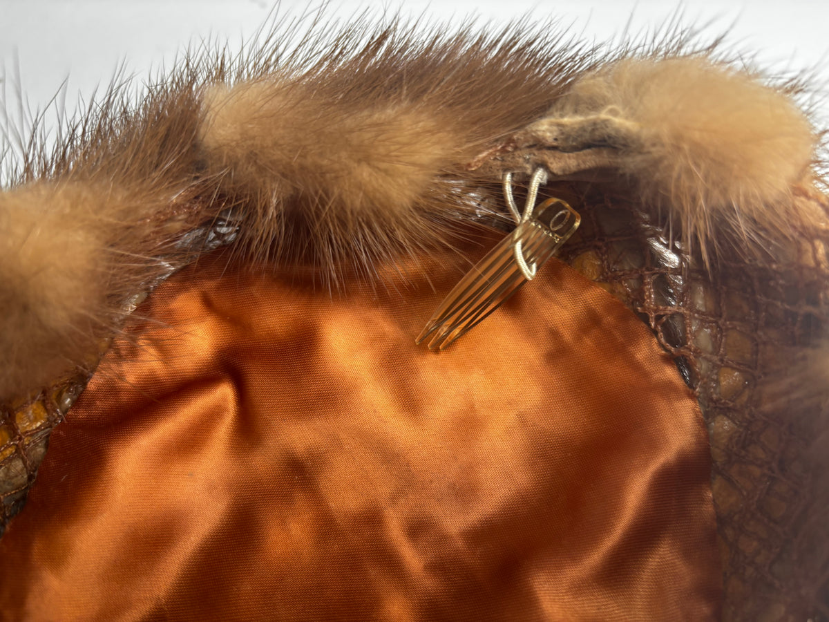 Vintage Brown Mink Fur Pillbox Hat with Satin Lining & Hair Comb Fastener CSHW