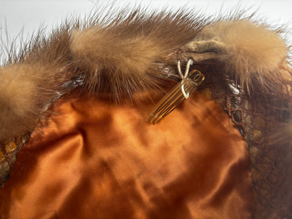 Vintage Brown Mink Fur Pillbox Hat with Satin Lining & Hair Comb Fastener CSHW