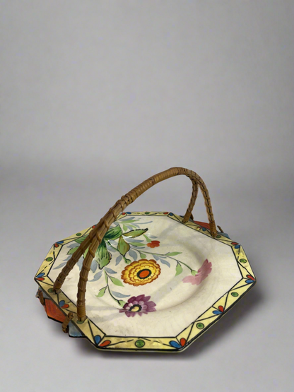 Vintage Hand Painted Floral Plate w/ Bamboo Handle