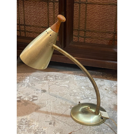 Vintage MCM brass wood gooseneck plug in desk lamp light WORKS