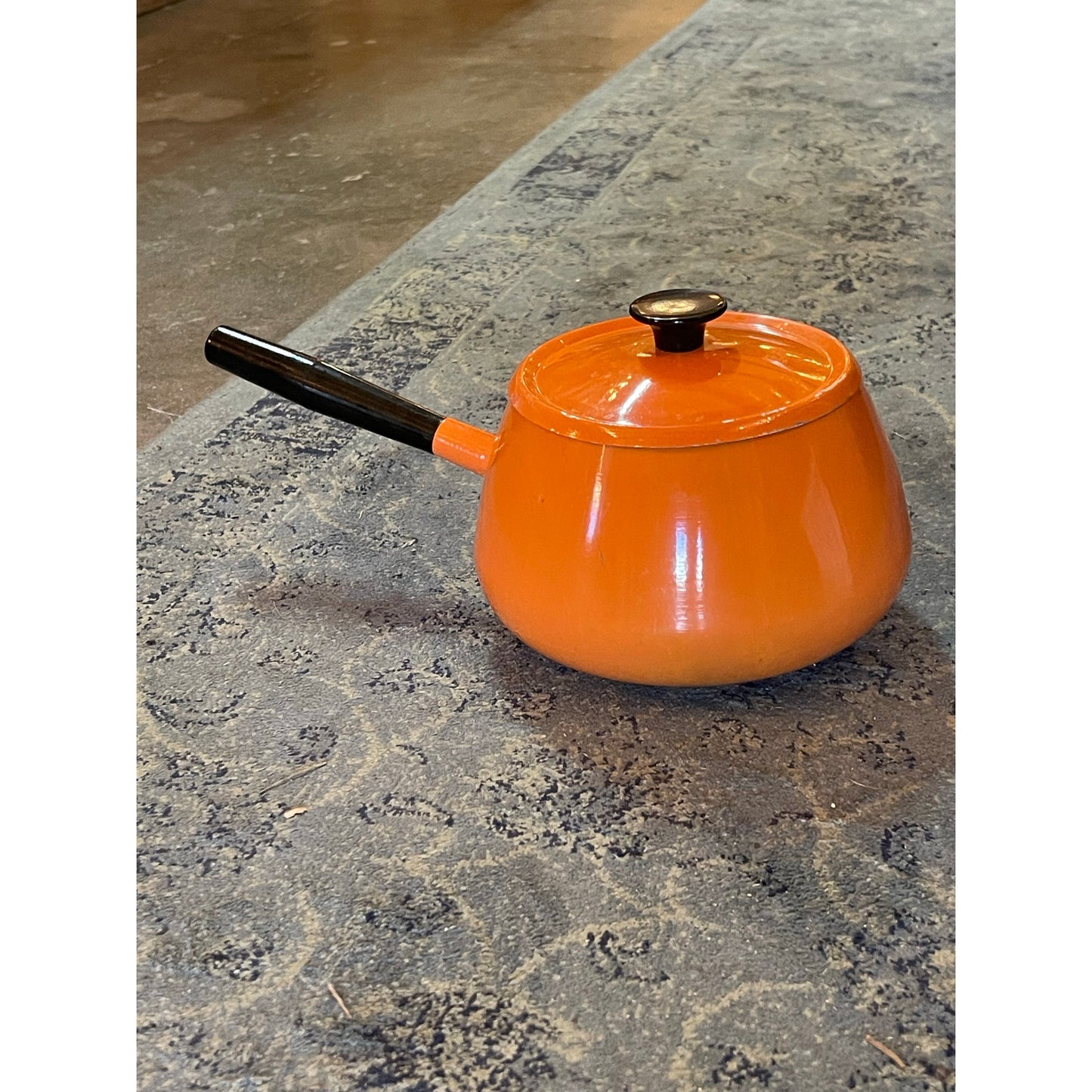 Vintage MCM Mid-Century Modern orange enamel over aluminum lidded fondue pot