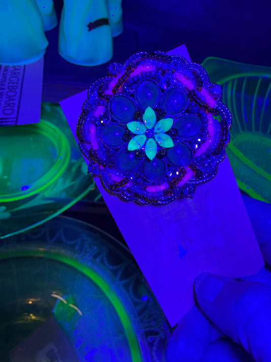 RARE "Watermelon" Dual-Glow Uranium & Selenium Beaded Rosette Brooch