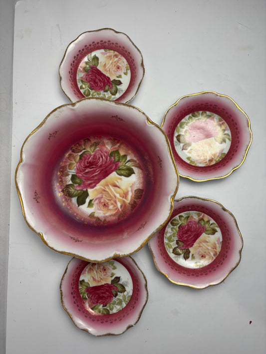 Vintage Rosenthal Bavaria Pink Rose Berry Bowl Set – Master Serving Bowl & 4 Berry Dishes with Gold Gilt Rim CSMB