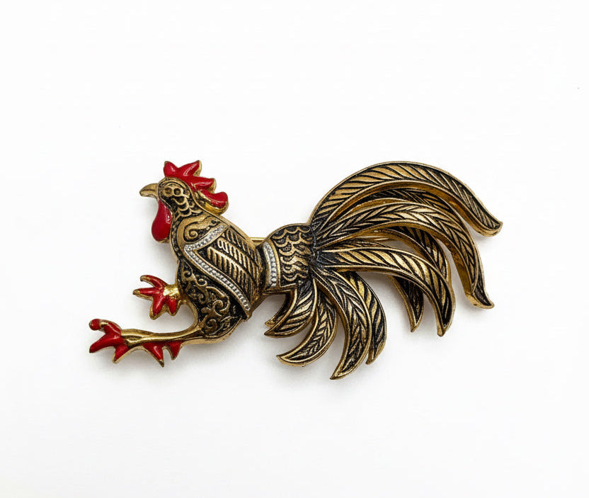 Vintage Japanese Damascene inspired Onagadori Rooster Brooch csbh