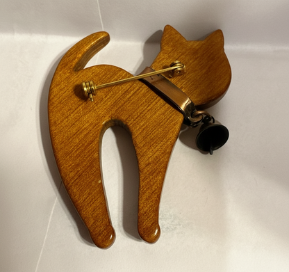 Vtg Carved Wood Cat Pin CSBH
