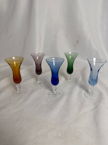 (5) Colored Glass Cordials-Knopped Stems