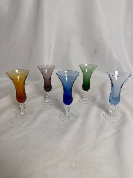 (5) Colored Glass Cordials-Knopped Stems