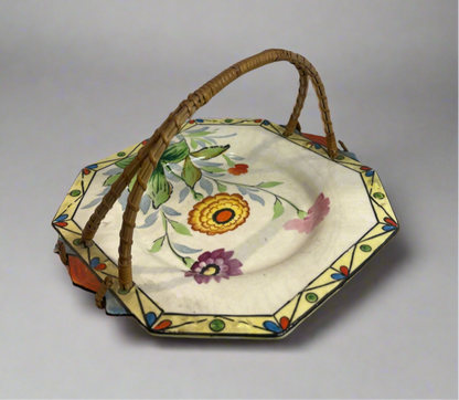 Vintage Hand Painted Floral Plate w/ Bamboo Handle