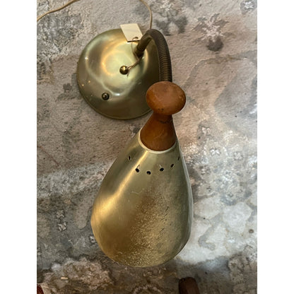 Vintage MCM brass wood gooseneck plug in desk lamp light WORKS