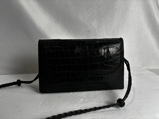 Vintage Black Crocodile Embossed Leather Crossbody Clutch Bag | Braided Strap CSHW