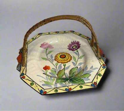 Vintage Hand Painted Floral Plate w/ Bamboo Handle