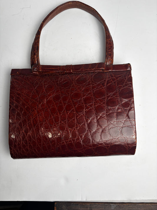 Vintage 1970s Honey Brown Embossed Leather Handbag - Faux Alligator Top Handle Purse CSHW
