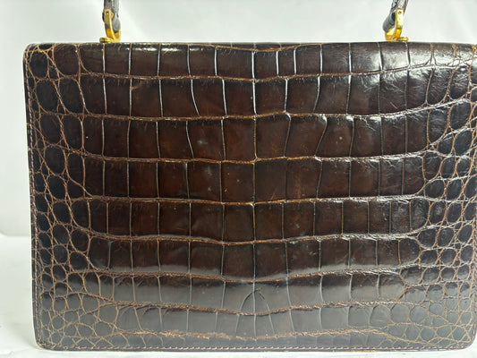 Authentic vintage 1970s Dark Brown Crocodile Genuine Leather Top Handle Handbag | Gold Hardware CSHW