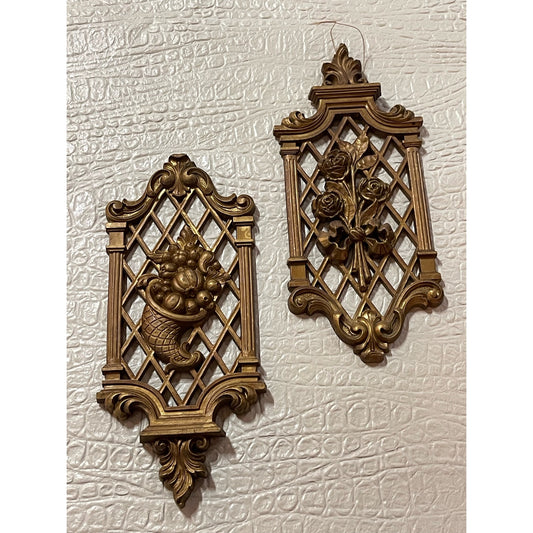 Vintage Mid Century Modern Dart Industries gold lattice wall hanging set of 2