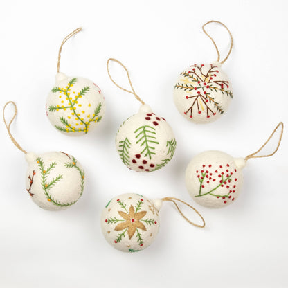 Ornament - Holiday Felt Ball Hand Embroidered White Assorted