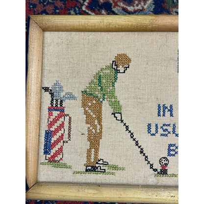Vintage Cross Stitch Golf Funny Framed Wall Art 18.5x7.4"