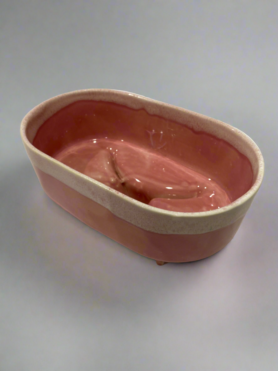 Vtg pink and white drip glaze planter
