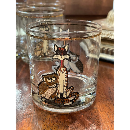 Vintage Culver 22K MCM Mid-Century Modern cat and owl low ball glass set of 8