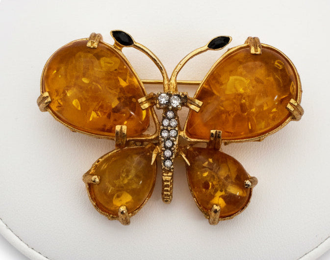 Vintage Genuine Baltic Amber Butterfly Brooch | UV Reactive Statement Pin | Natural Sun Spangles csbh