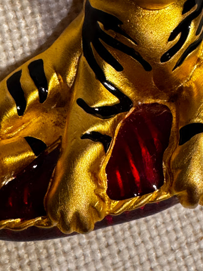 Signed Bob Mackie Vintage Tiger Brooch – Enameled Regal Tiger on Crimson Pillow csbh