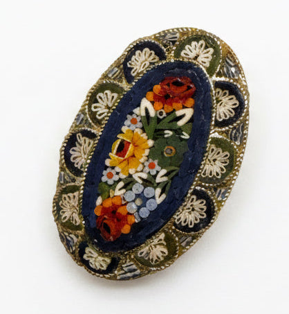 Vintage Italian Floral Micro Mosaic Oval Brooch – Hand-Set Glass Tesserae – Made in Italy csbh