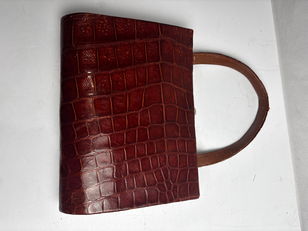Vintage 1970s Honey Brown Embossed Leather Handbag - Faux Alligator Top Handle Purse CSHW
