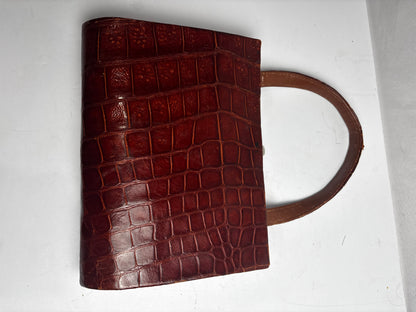 Vintage 1970s Honey Brown Embossed Leather Handbag - Faux Alligator Top Handle Purse CSHW